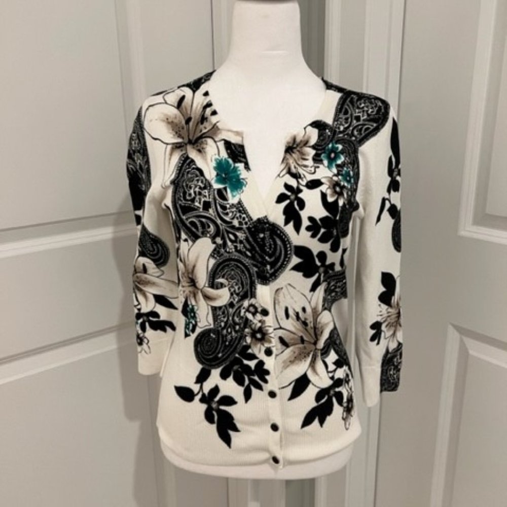 WHITE HOUSE BLACK MARKET FLORAL CARDIGAN - SMALL